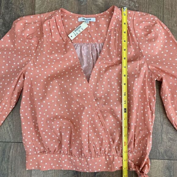 Madewell Star Scatter Wrap Top Peach Blush 100% Cotton 3/4 Sleeve‎ Tie Waist XS - Picture 7 of 10